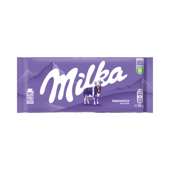 Milka Alpenmilch Schokolade, 90g Produktbild, Vorderseite der Verpackung